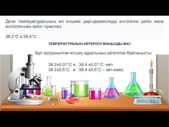 Дене температурасының екі өлшемі дәрі-дәрмектерді енгізгенге дейін және енгізілгеннен кейін тіркелген 38.2°C