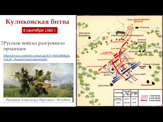 Куликовская битва 8 сентября 1380 г. Русское войско разгромило ордынцев Поединок Александра Пересвета с Челубеем https://www.youtube.com/watch?v=IxXz084kpkU&ab_channel=mercatorstudio