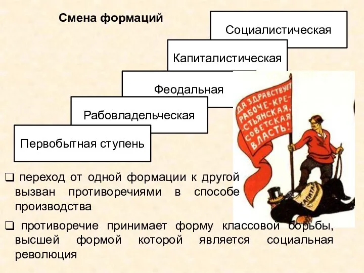 Социалистическая Капиталистическая Феодальная Рабовладельческая Первобытная ступень Смена формаций переход от одной формации