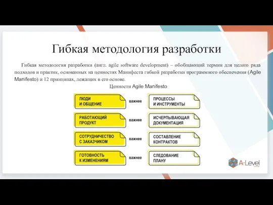 Гибкая методология разработки Гибкая методология разработки (англ. agile software development) – обобщающий