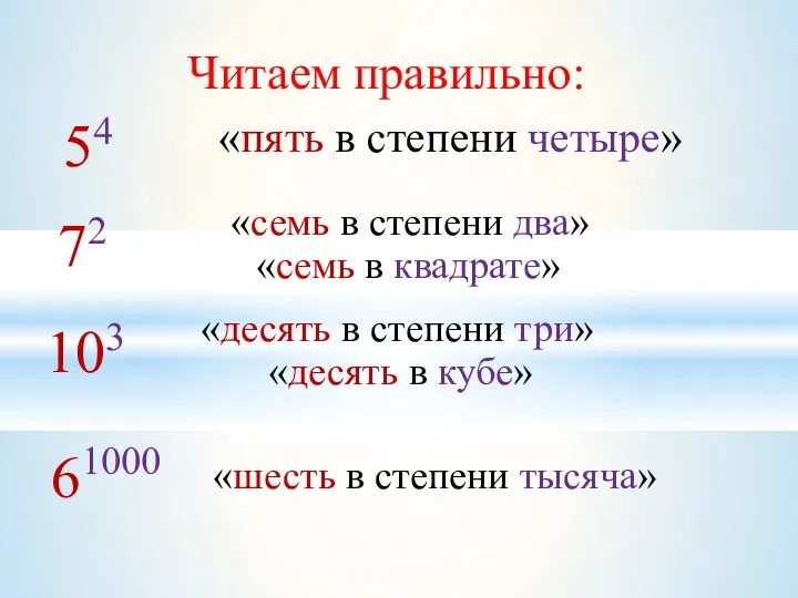 Читаем правильно: «семь в степени два» «десять в степени три» «шесть в