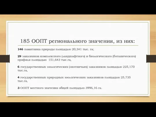 185 ООПТ регионального значения, из них: 146 памятника природы площадью 20,341 тыс.