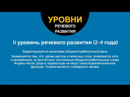 II уровень речевого развития (2-4 года) Характеризуется начатками общеупотребительной речи. Знаменуется тем,