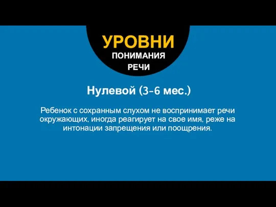 Нулевой (3-6 мес.) Ребенок с сохранным слухом не воспринимает речи окружающих, иногда