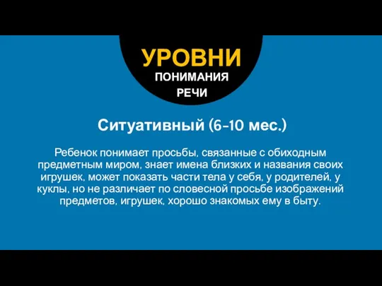 Ситуативный (6-10 мес.) Ребенок понимает просьбы, связанные с обиходным предметным миром, знает