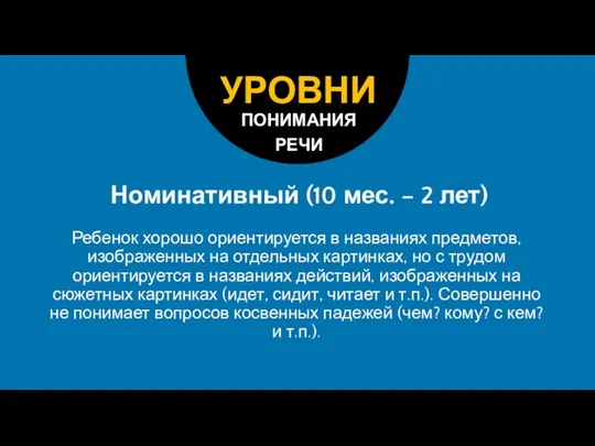 Номинативный (10 мес. – 2 лет) Ребенок хорошо ориентируется в названиях предметов,