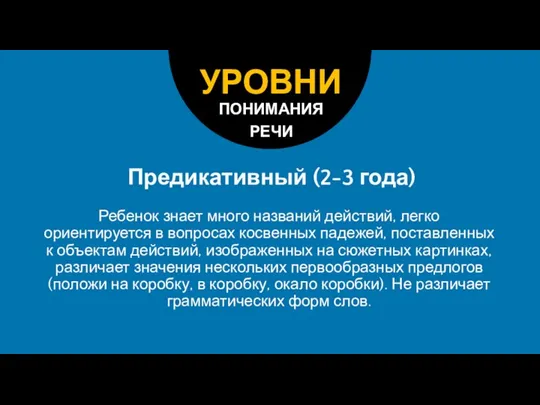 Предикативный (2-3 года) Ребенок знает много названий действий, легко ориентируется в вопросах