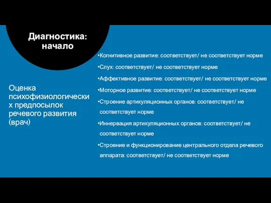 Когнитивное развитие: соответствует/ не соответствует норме Слух: соответствует/ не соответствует норме Аффективное