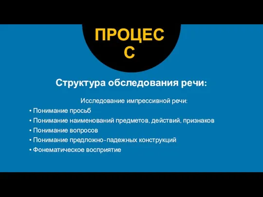 Структура обследования речи: Исследование импрессивной речи: Понимание просьб Понимание наименований предметов, действий,