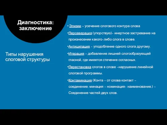 Элизии – усечение слогового контура слова Персеверация (упорствую)- инертное застревание на произнесении