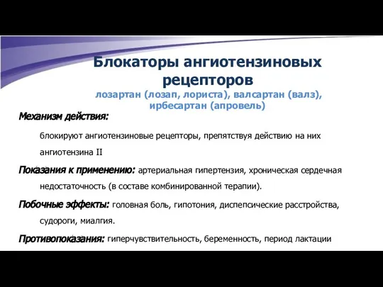 Блокаторы ангиотензиновых рецепторов лозартан (лозап, лориста), валсартан (валз), ирбесартан (апровель) Механизм действия: