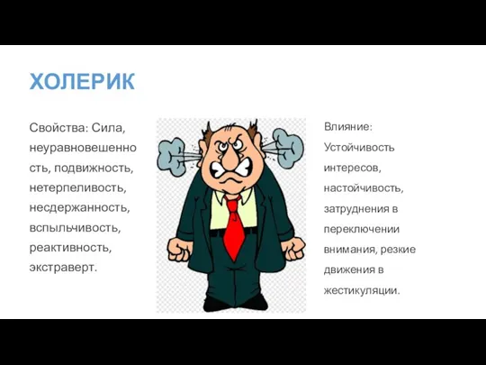 ХОЛЕРИК Свойства: Сила, неуравновешенность, подвижность, нетерпеливость, несдержанность, вспыльчивость, реактивность, экстраверт. Влияние: Устойчивость