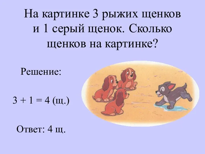 На картинке 3 рыжих щенков и 1 серый щенок. Сколько щенков на