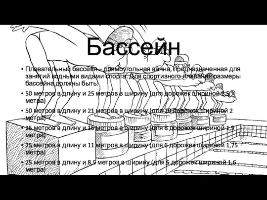 Бассейн Плавательный бассейн – прямоугольная ванна, предназначенная для занятий водными видами спорта.