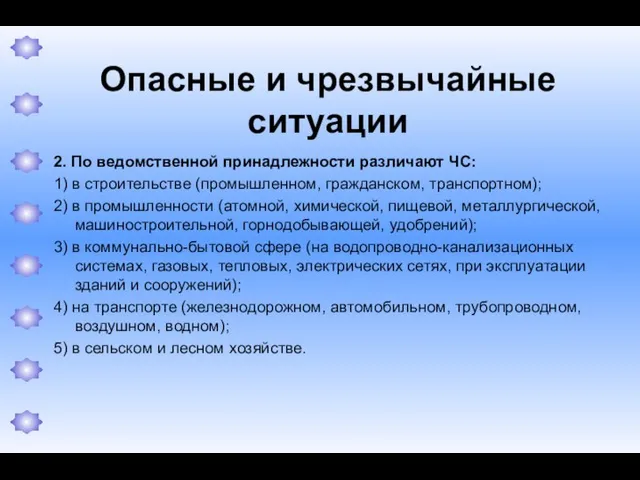 Опасные и чрезвычайные ситуации 2. По ведомственной принадлежности различают ЧС: 1) в