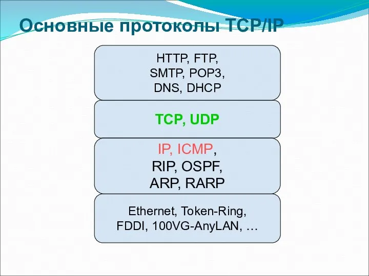 Основные протоколы TCP/IP TCP, UDP HTTP, FTP, SMTP, POP3, DNS, DHCP Ethernet,