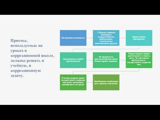 Приемы, используемые на уроках в коррекционной школе, должны решать и учебную, и коррекционную задачу.