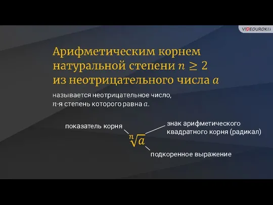 знак арифметического квадратного корня (радикал) показатель корня подкоренное выражение