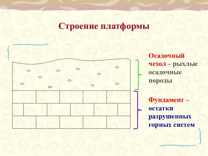 Строение платформы Фундамент – остатки разрушенных горных систем Осадочный чехол – рыхлые осадочные породы