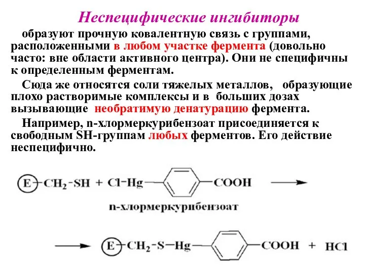 Неспецифические ингибиторы образуют прочную ковалентную связь с группами, расположенными в любом участке