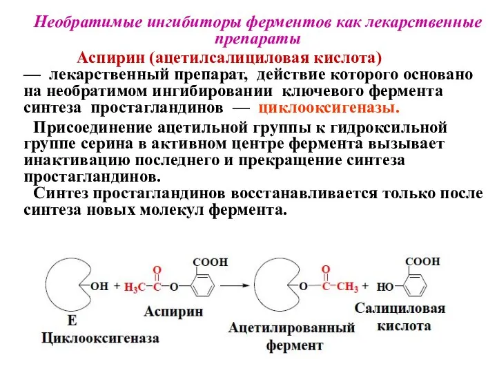 Необратимые ингибиторы ферментов как лекарственные препараты Аспирин (ацетилсалициловая кислота) — лекарственный препарат,