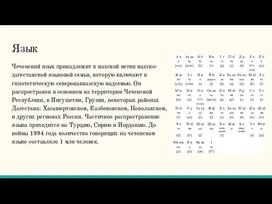 Язык Чеченский язык принадлежит к нахской ветви нахско-дагестанской языковой семьи, которую включают