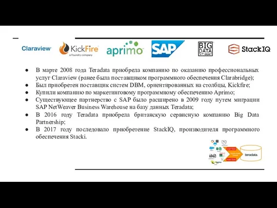 В марте 2008 года Teradata приобрела компанию по оказанию профессиональных услуг Claraview