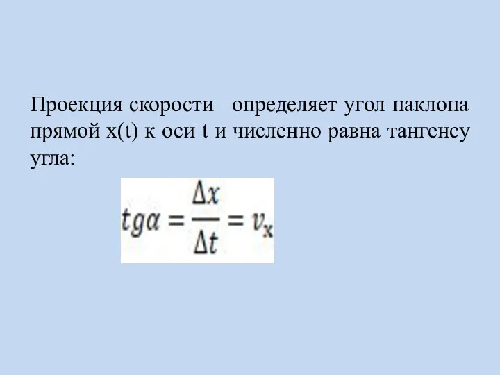 Проекция скорости определяет угол наклона прямой х(t) к оси t и численно равна тангенсу угла: