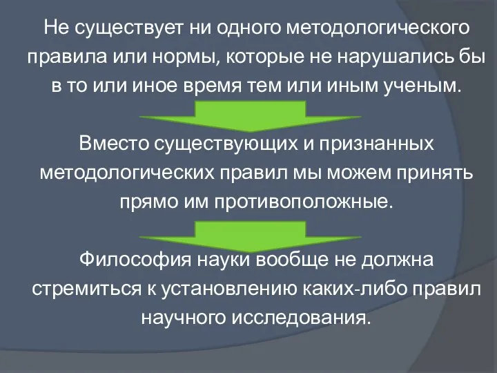 Не существует ни одного методологического правила или нормы, которые не нарушались бы