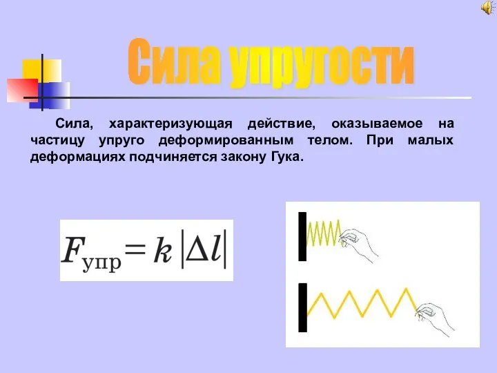 Сила упругости Сила, характеризующая действие, оказываемое на частицу упруго деформированным телом. При