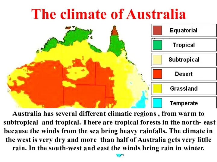 The climate of Australia Australia has several different climatic regions , from