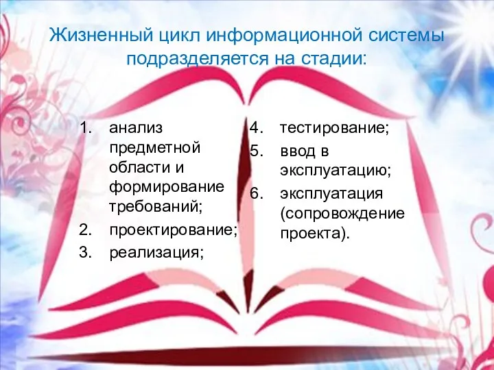 Жизненный цикл информационной системы подразделяется на стадии: анализ предметной области и формирование