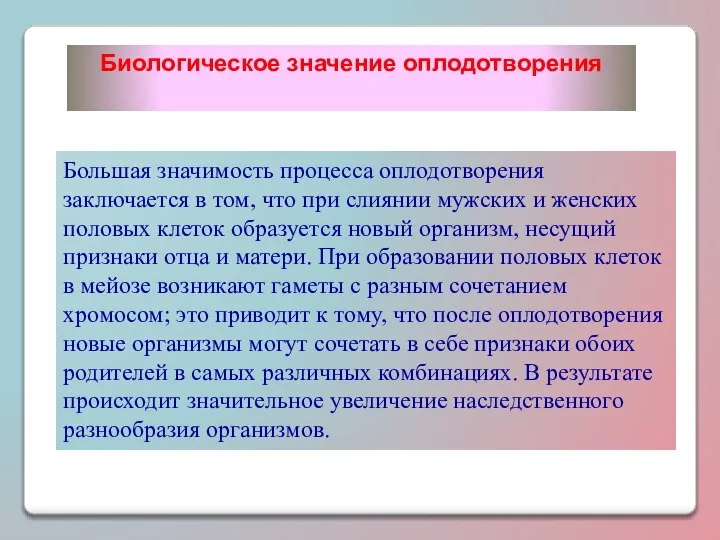 Большая значимость процесса оплодотворения заключается в том, что при слиянии мужских и