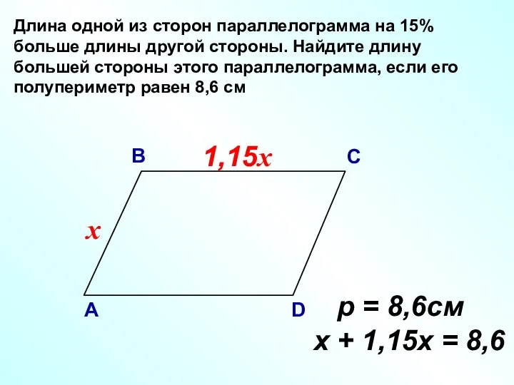 Длина одной из сторон параллелограмма на 15% больше длины другой стороны. Найдите