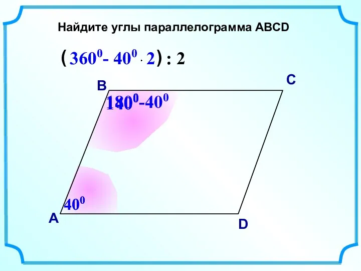 Найдите углы параллелограмма АВСD В А С D 400 400 1800-400 1400