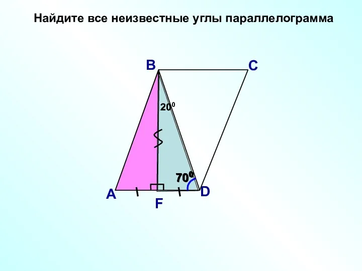 Найдите все неизвестные углы параллелограмма В А С D F 700 700 20 700 200