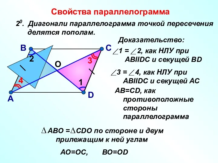 Свойства параллелограмма 20. Диагонали параллелограмма точкой пересечения делятся пополам. В А С