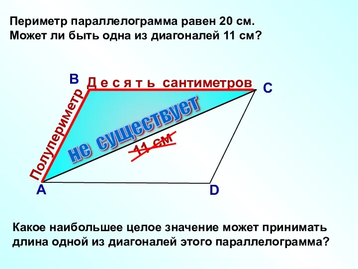 Периметр параллелограмма равен 20 см. Может ли быть одна из диагоналей 11