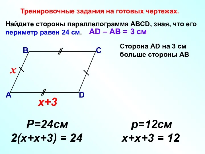 Найдите стороны параллелограмма АВСD, зная, что его периметр равен 24 см. Тренировочные
