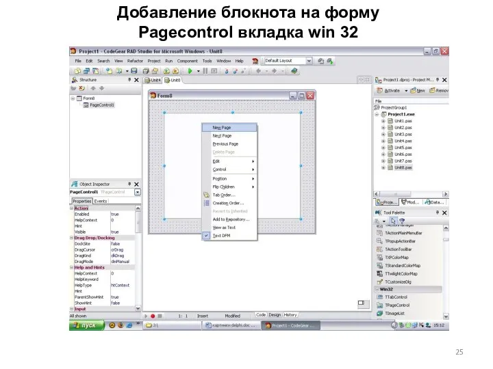 Добавление блокнота на форму Pagecontrol вкладка win 32