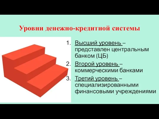 Уровни денежно-кредитной системы Высший уровень – представлен центральным банком (ЦБ) Второй уровень