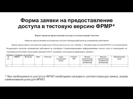 Форма заявки на предоставление доступа в тестовую версию ФРМР* * При необходимости