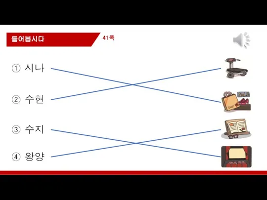 41쪽 들어봅시다 ① 시나 ② 수현 ③ 수지 ④ 왕양