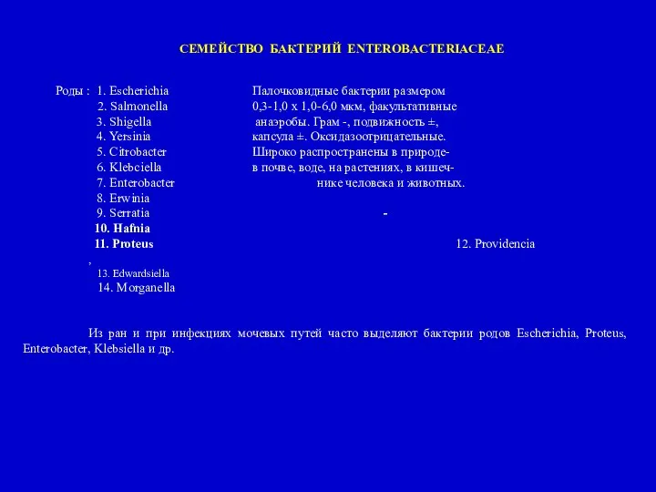 CЕМЕЙСТВО БАКТЕРИЙ ENTEROBACTERIACEAE Роды : 1. Escherichia Палочковидные бактерии размером 2. Salmonella