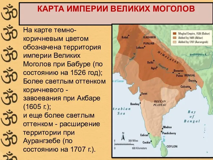 КАРТА ИМПЕРИИ ВЕЛИКИХ МОГОЛОВ На карте темно-коричневым цветом обозначена территория империи Великих