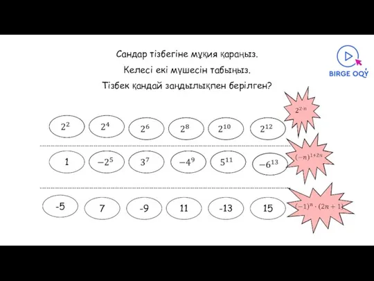 Сандар тізбегіне мұқия қараңыз. Келесі екі мүшесін табыңыз. Тізбек қандай заңдылықпен берілген?