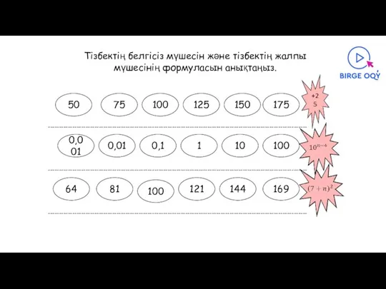 Тізбектің белгісіз мүшесін және тізбектің жалпы мүшесінің формуласын анықтаңыз. 50 0,001 175