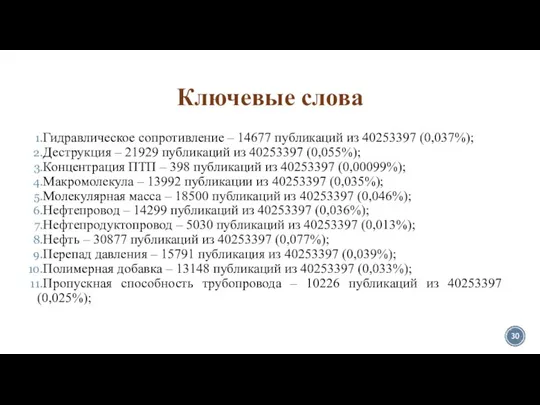 Ключевые слова Гидравлическое сопротивление – 14677 публикаций из 40253397 (0,037%); Деструкция –