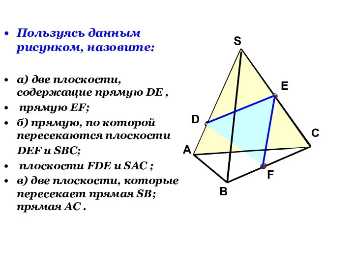 Пользуясь данным рисунком, назовите: а) две плоскости, содержащие прямую DE , прямую