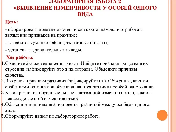 ЛАБОРАТОРНАЯ РАБОТА 2 «ВЫЯВЛЕНИЕ ИЗМЕНЧИВОСТИ У ОСОБЕЙ ОДНОГО ВИДА Цель: - сформировать